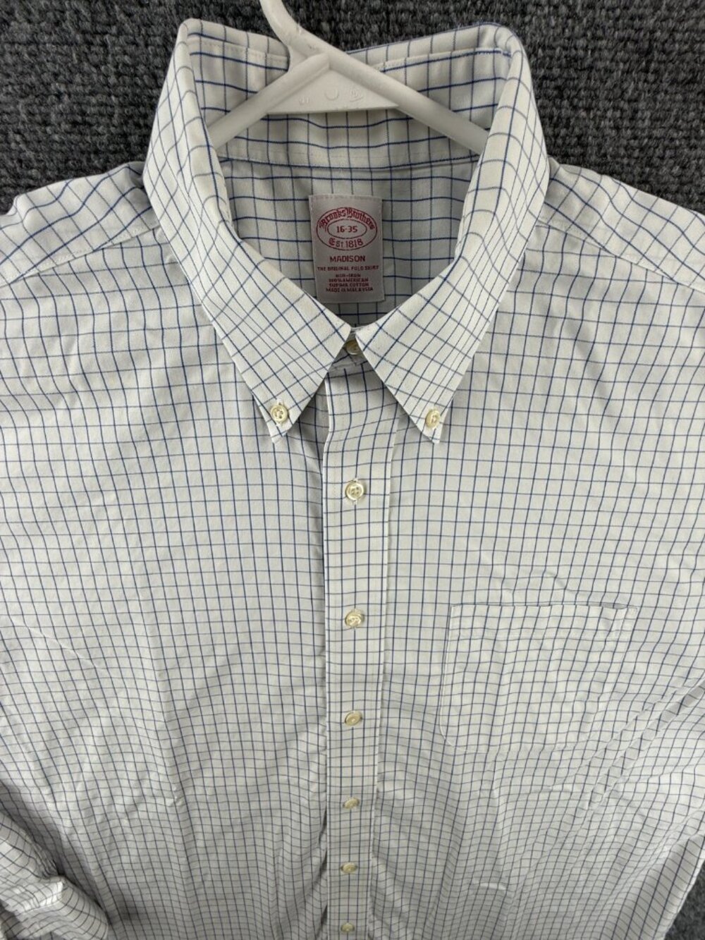 Brooks Brothers Button-Down Madison 16 35 Check Cotton Non-Iron Blue Pocket Mens